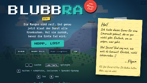 Startbildschirm von BLUBBRA RUN mit handgeschriebenem Zettel